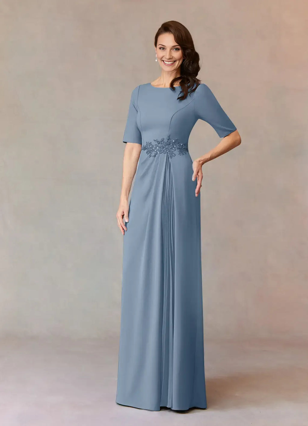 Blue Dusty A-Line Sequins Mother of the Bride Dress with Waistband Boat Neckline Elbow Length Sleeves