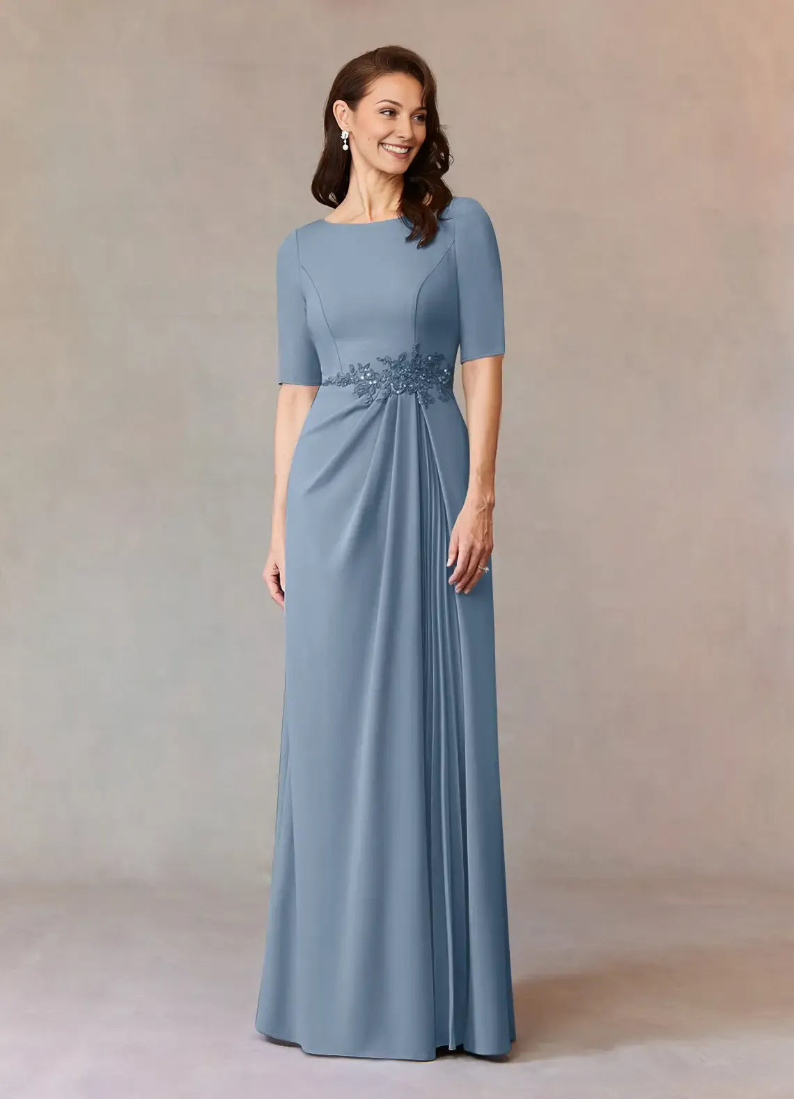 Blue Dusty A-Line Sequins Mother of the Bride Dress with Waistband Boat Neckline Elbow Length Sleeves