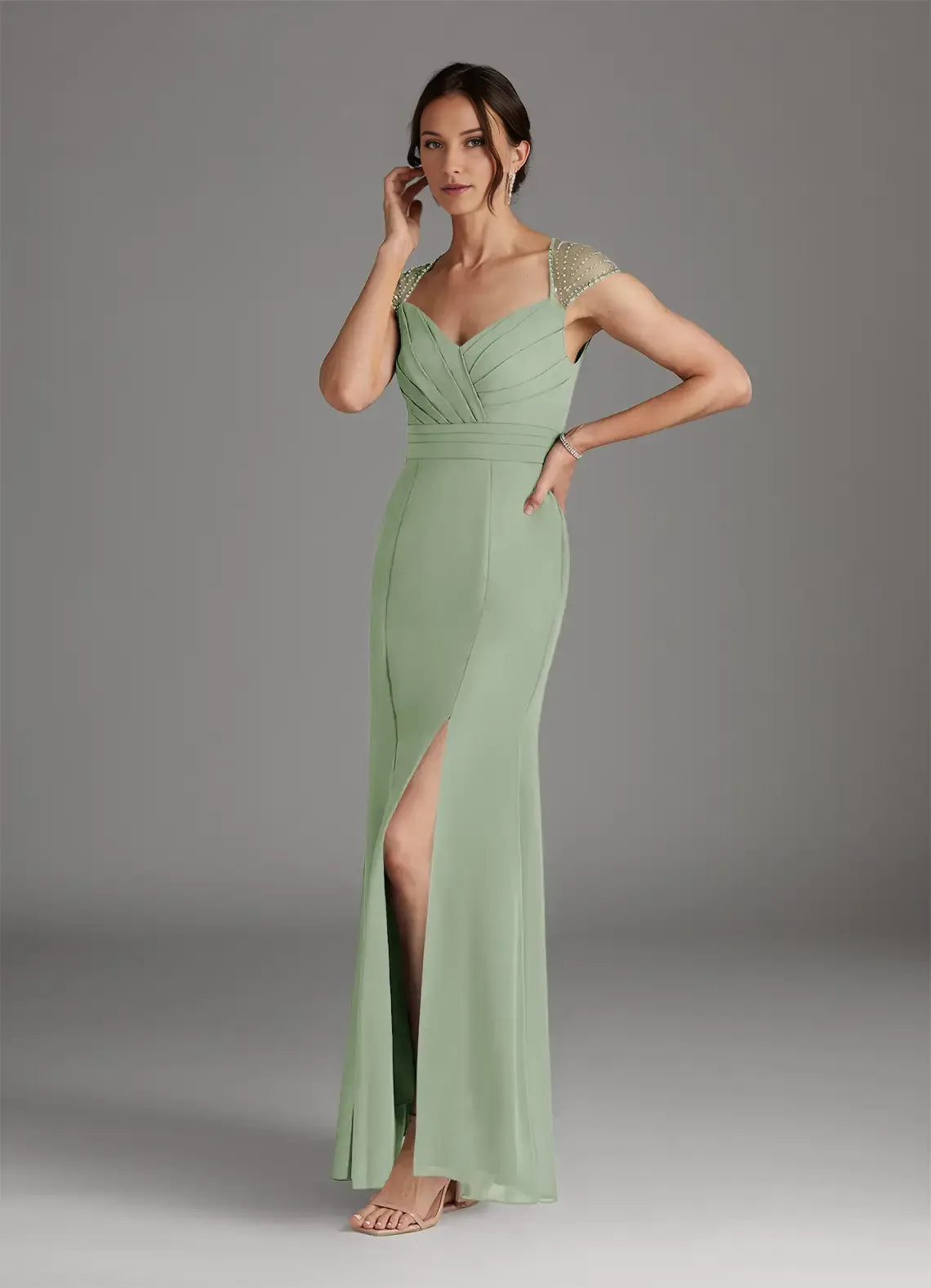 Dusty Mermaid Sequins Mother of the Bride Dress with Sweetheart Neckline Cap Sleeves Ruched Bodice Side Slit
