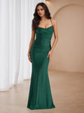 Green Emerald Ruched Prom Dress Cowl Neckline Spaghetti Straps Flattering Fit for Glamorous Galas