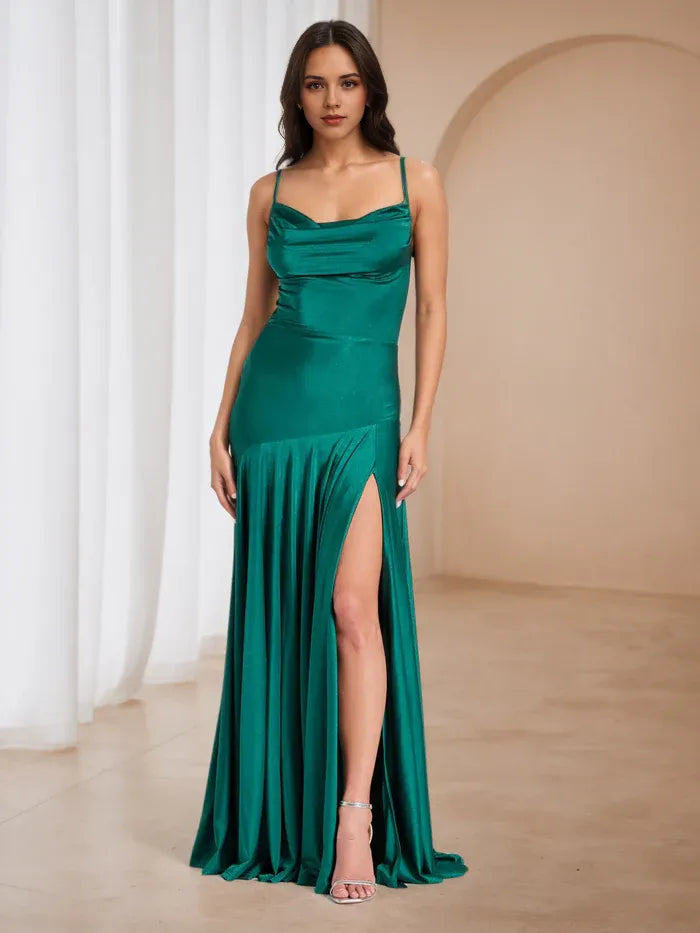 Green Emerald Prom Dress Cowl Neckline Spaghetti Straps Flattering Fit for Glamorous Galas