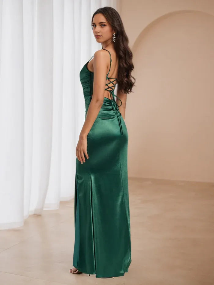 Green Emerald Prom Dress Cowl Neckline Spaghetti Straps Ruched Design for Glamorous Galas