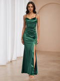 Green Emerald Prom Dress Cowl Neckline Spaghetti Straps Ruched Design for Glamorous Galas