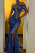 Flare Off-the-Shoulder Front Slit Mermaid Prom Dresses Charming Open Back Long Evening Dresses With Sweep Train