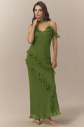 Green Forest Sheath Halter Neck Ruffled Sleeveless Open Back Floor Length Prom Dresses