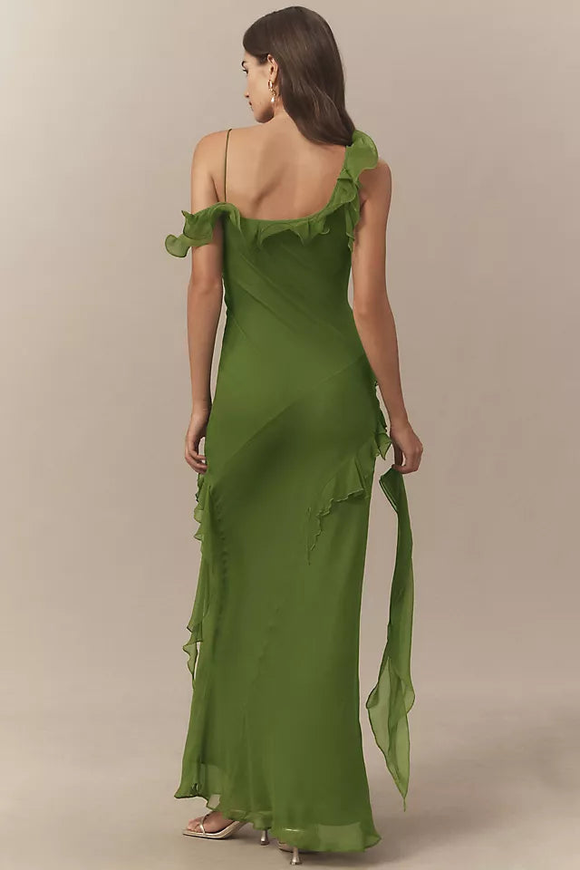 Green Forest Sheath Halter Neck Ruffled Sleeveless Open Back Floor Length Prom Dresses