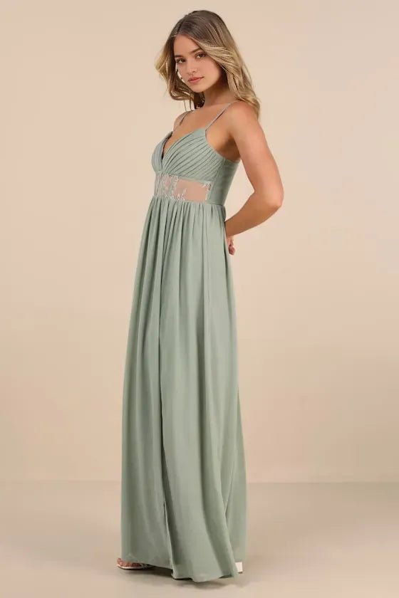 Green Prom Dress Spaghetti Straps Plunging V Neck and Alluring Sheer - Inset Waist for a Stunning Look