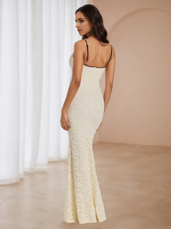 Ivory Prom Dress Contrast Neckline Spaghetti Straps Bow Embellishment for Glamorous Galas