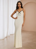 Ivory Prom Dress Contrast Neckline Spaghetti Straps Bow Embellishment for Glamorous Galas