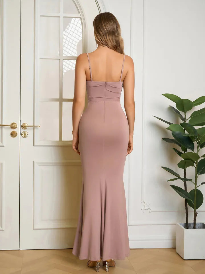 Khaki Mermaid Square Neck Spaghetti Strap Solid Back Floor-Length Ruched Prom Dresses