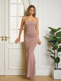 Khaki Mermaid Square Neck Spaghetti Strap Solid Back Floor-Length Ruched Prom Dresses