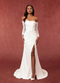 Mermaid Sequins Back Bodice Wedding Dresses Off - Shoulder Neckline Ruched Detailing High Slit Train for Formal