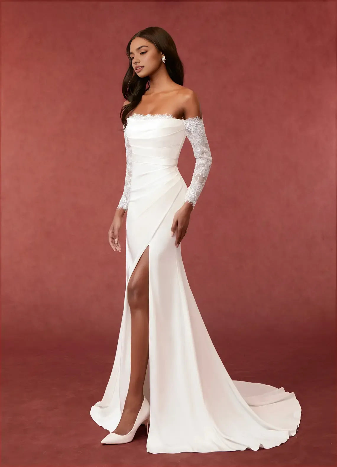 Mermaid Sequins Back Bodice Wedding Dresses Off - Shoulder Neckline Ruched Detailing High Slit Train for Formal