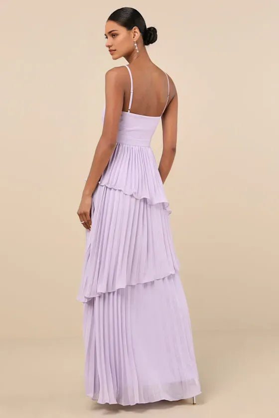 Lavender Prom Dress Spaghetti Straps Pleated Bodice Asymmetric Tiered Skirt for a Stunning Look