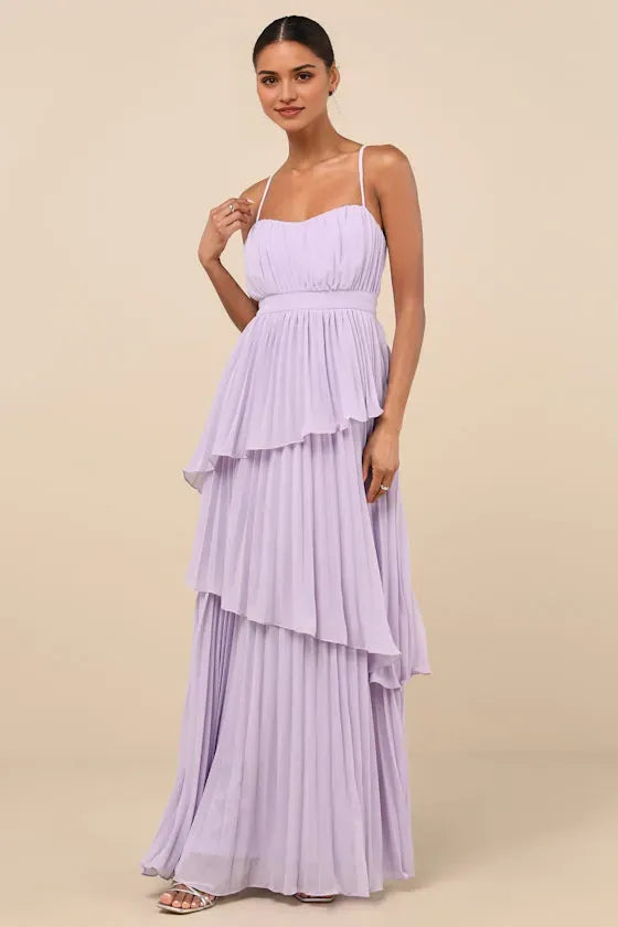 Lavender Prom Dress Spaghetti Straps Pleated Bodice Asymmetric Tiered Skirt for a Stunning Look