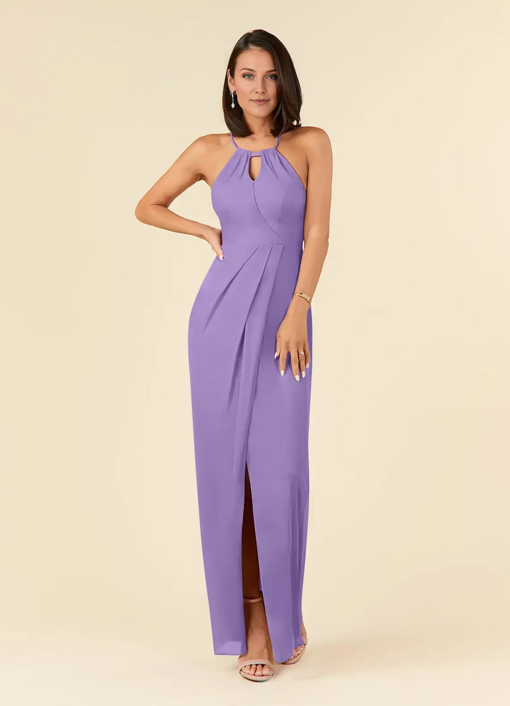 Lavender Mother of the Bride Dress with Halter Neckline Keyhole Cutout Pleated Detail and Side Slit
