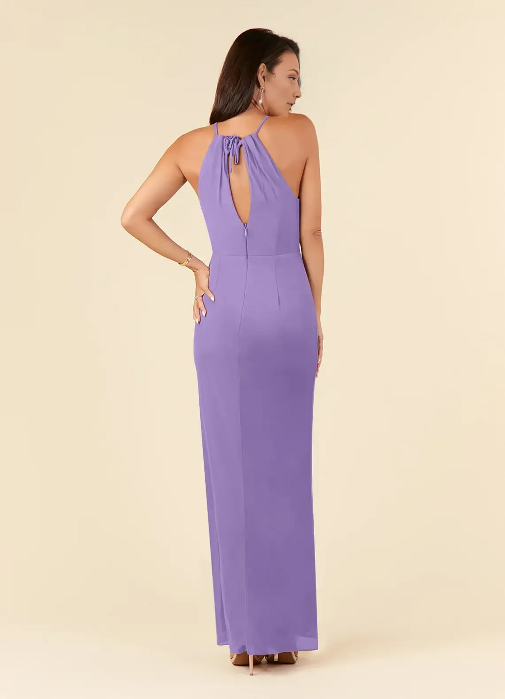 Lavender Mother of the Bride Dress with Halter Neckline Keyhole Cutout Pleated Detail and Side Slit