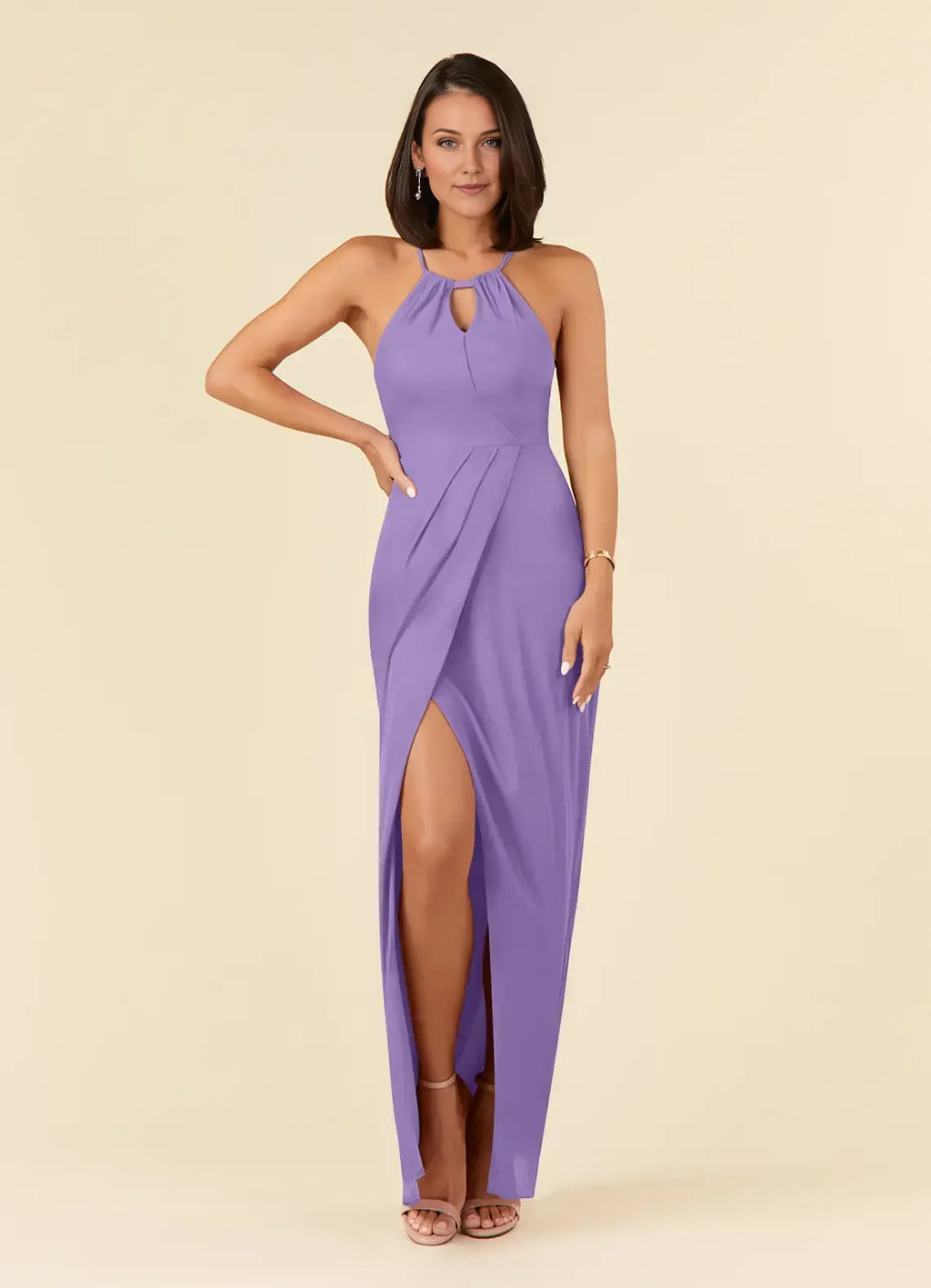Lavender Mother of the Bride Dress with Halter Neckline Keyhole Cutout Pleated Detail and Side Slit
