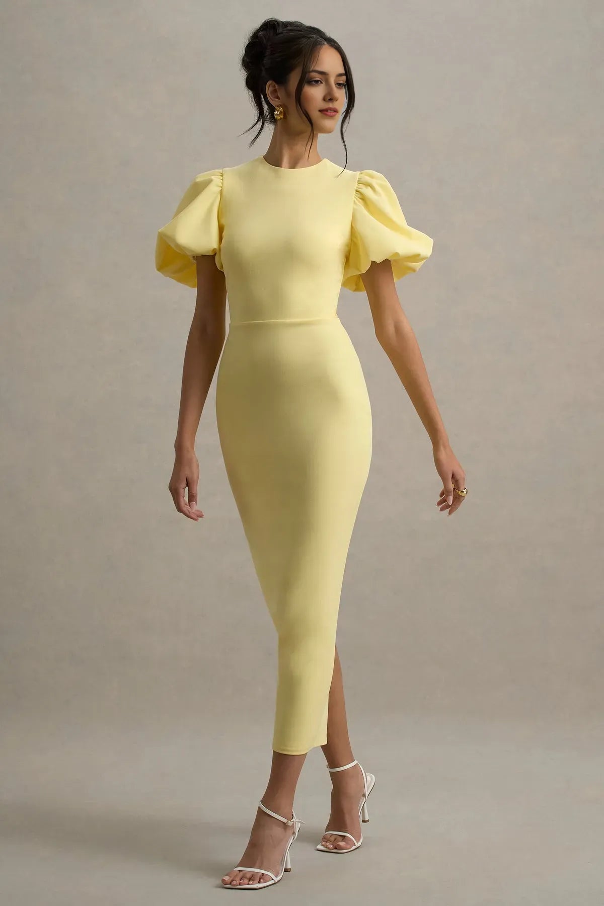 Yellow Lemon Prom Dresses with Puff Sleeves Round Neckline Bodycon Fit Perfect for Evening Cocktail Parties Glam Occasions