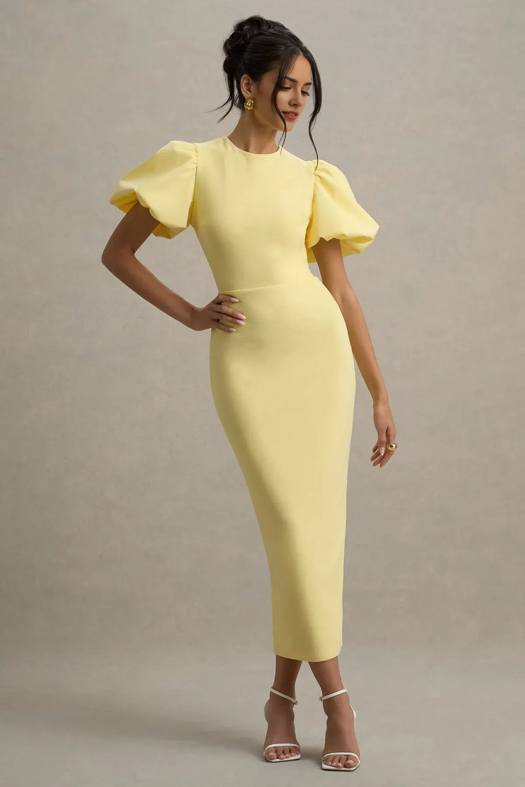 Yellow Lemon Prom Dresses with Puff Sleeves Round Neckline Bodycon Fit Perfect for Evening Cocktail Parties Glam Occasions