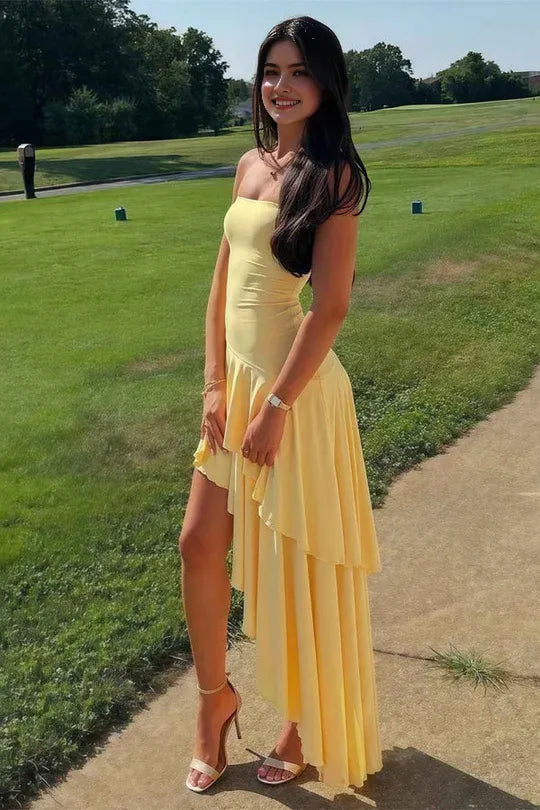 Light Blue Asymmetrical Strapless Sleeveless Ruffled Back Zip High-Low Prom Dresses