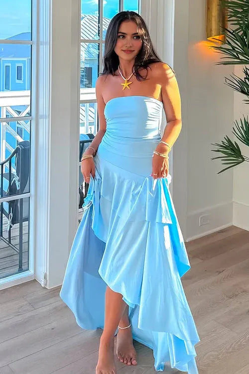 Light Blue Asymmetrical Strapless Sleeveless Ruffled Back Zip High-Low Prom Dresses
