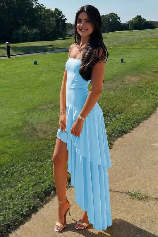 Light Blue Asymmetrical Strapless Sleeveless Ruffled Back Zip High-Low Prom Dresses