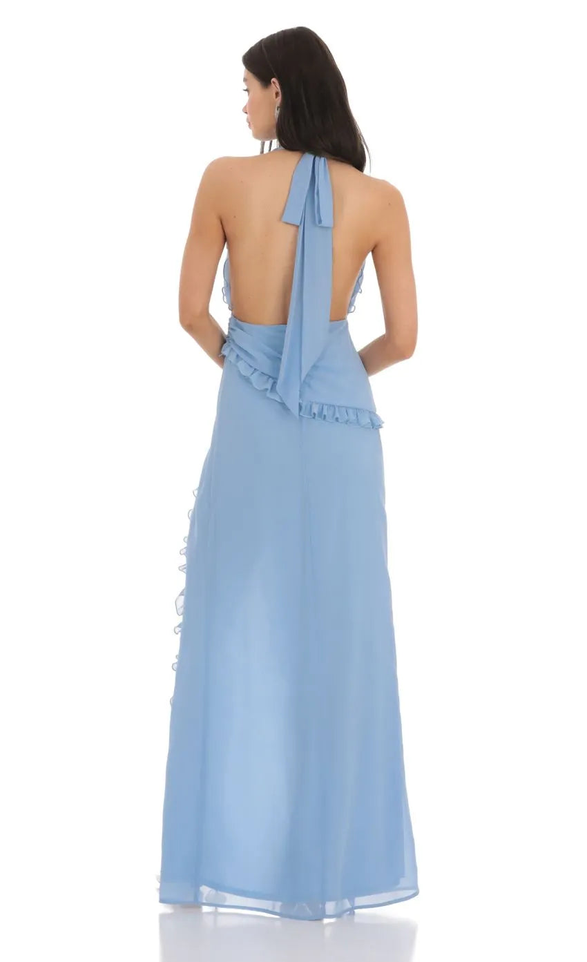 Light Blue Halter Prom Dress Ruffled Plunging Neckline Wrap Around Detail High Slit Shine at Prom Night