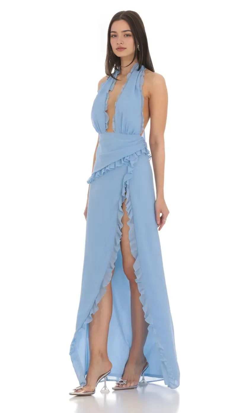 Light Blue Halter Prom Dress Ruffled Plunging Neckline Wrap Around Detail High Slit Shine at Prom Night