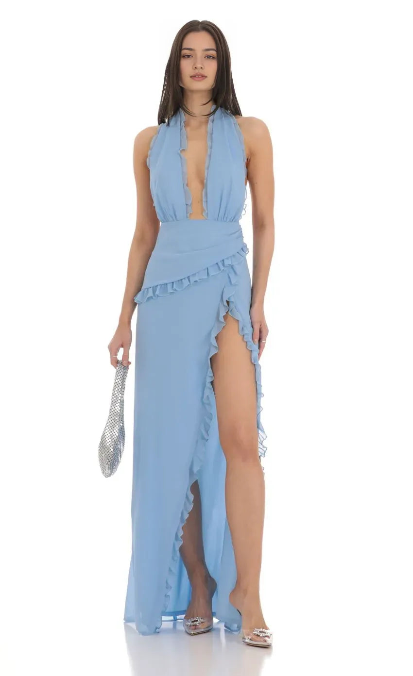 Light Blue Halter Prom Dress Ruffled Plunging Neckline Wrap Around Detail High Slit Shine at Prom Night