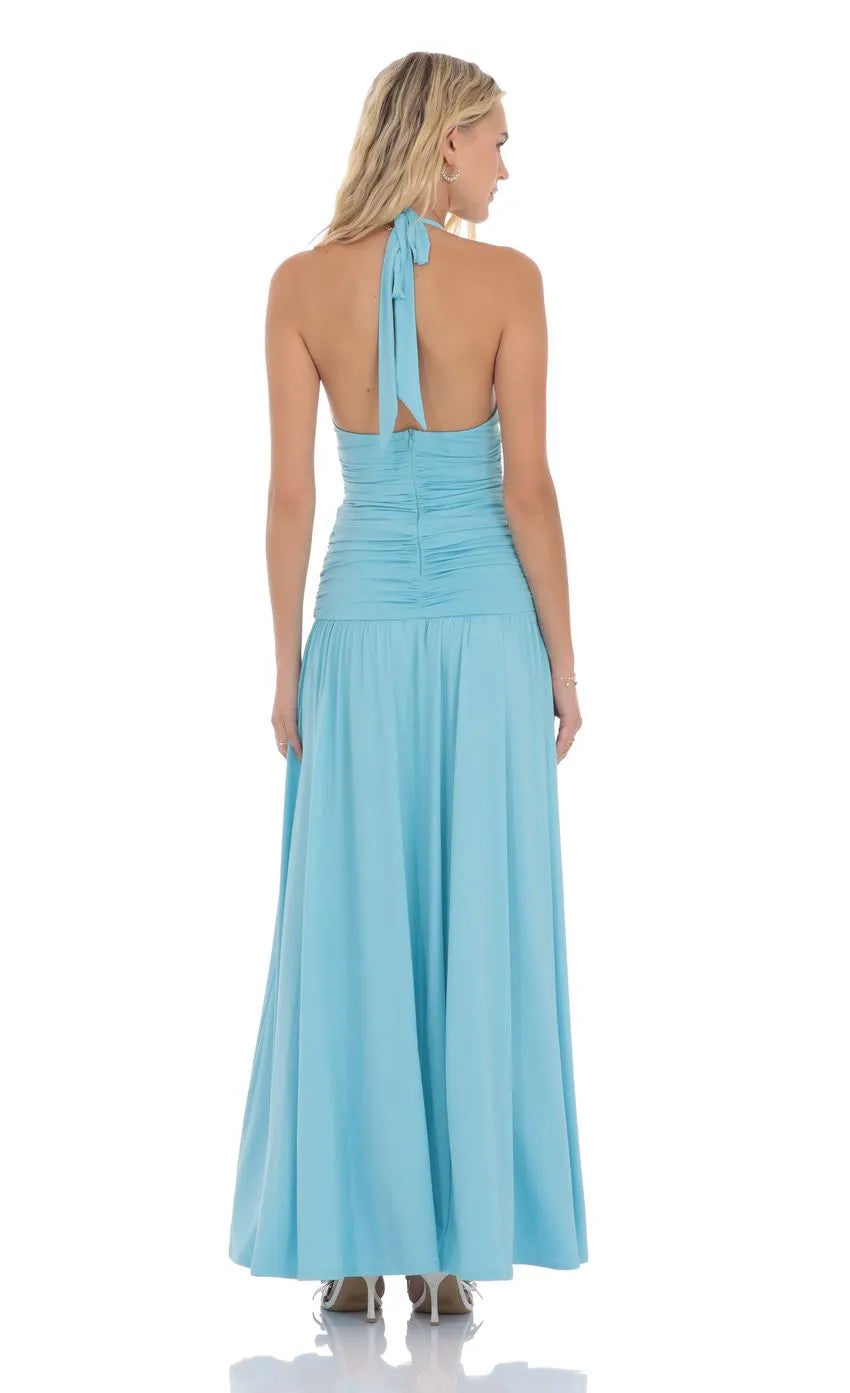 Light Blue Halter Prom Dress with Plunging V - Neck Ruched Bodice and Flowy Skirt A Must Have for Stylish Proms