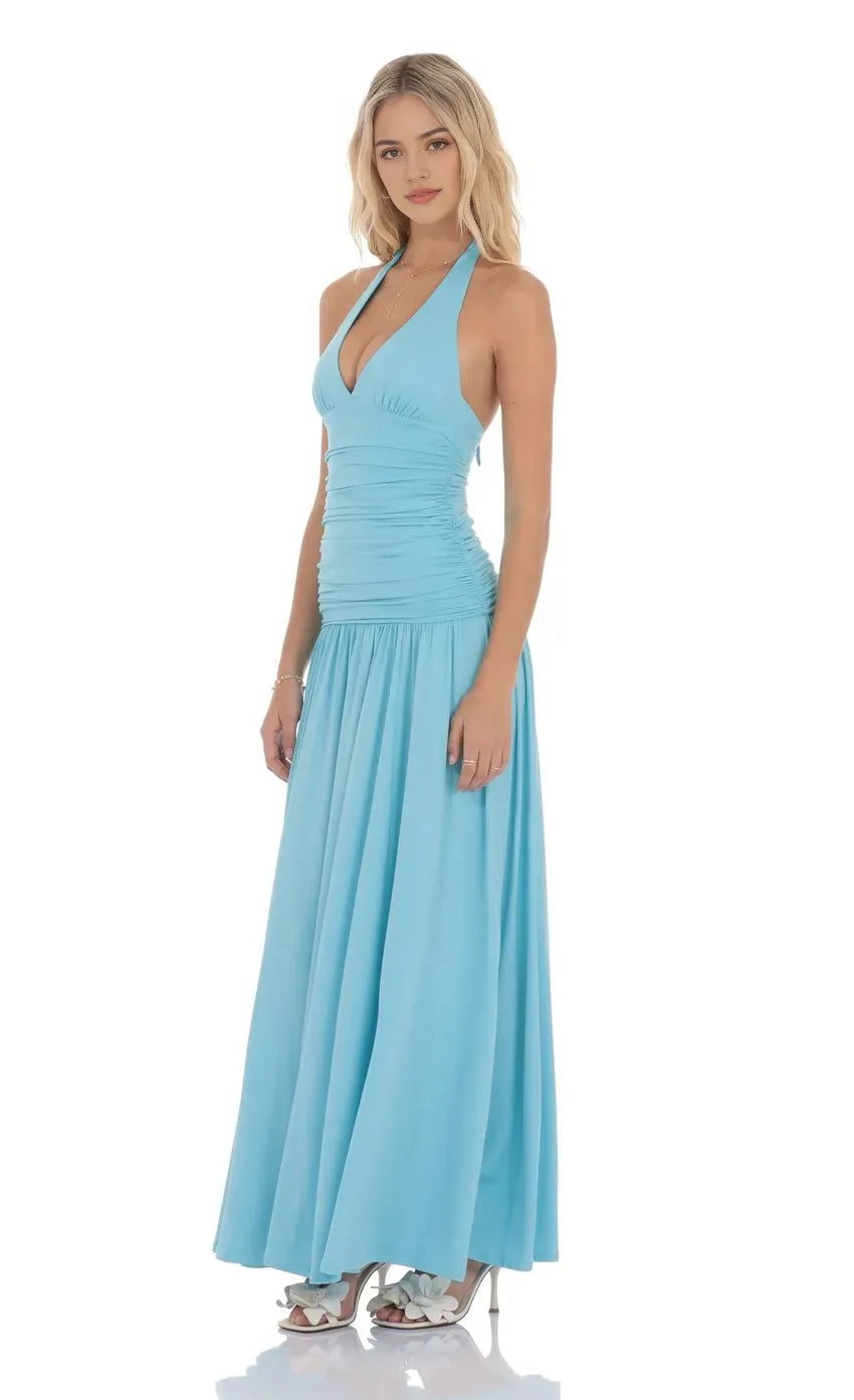Light Blue Halter Prom Dress with Plunging V - Neck Ruched Bodice and Flowy Skirt A Must Have for Stylish Proms