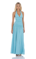 Light Blue Halter Prom Dress with Plunging V - Neck Ruched Bodice and Flowy Skirt A Must Have for Stylish Proms