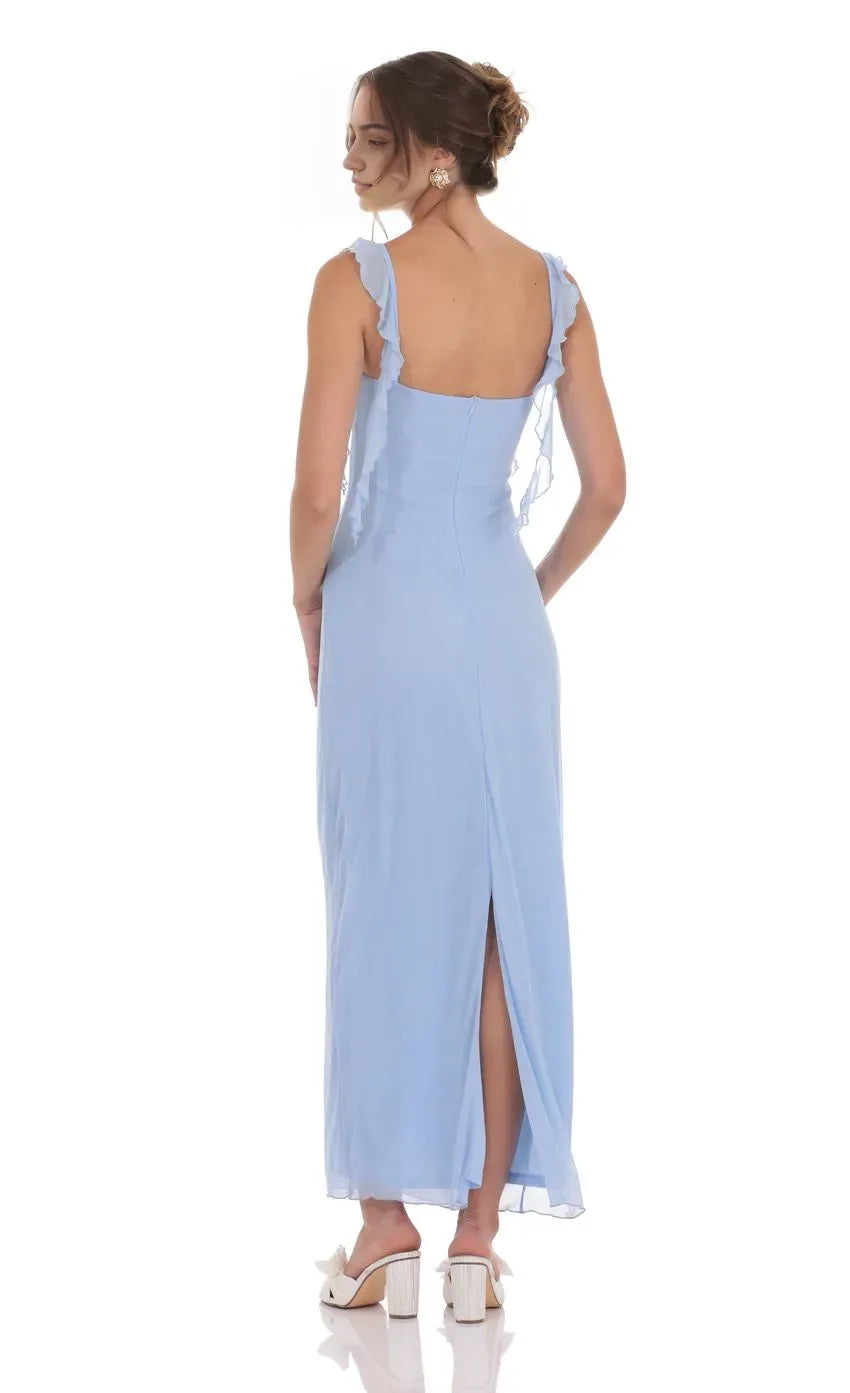 Light Blue Prom Dress with Ruffled Spaghetti Straps Sweetheart Neckline and Flowy Skirt A Must - Have for Memorable Prom Evenings