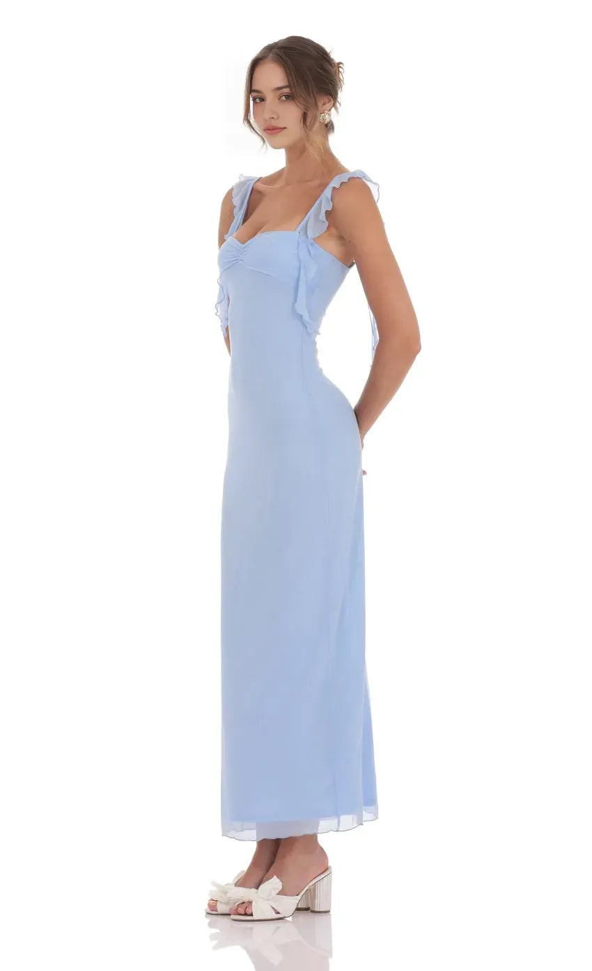 Light Blue Prom Dress with Ruffled Spaghetti Straps Sweetheart Neckline and Flowy Skirt A Must - Have for Memorable Prom Evenings