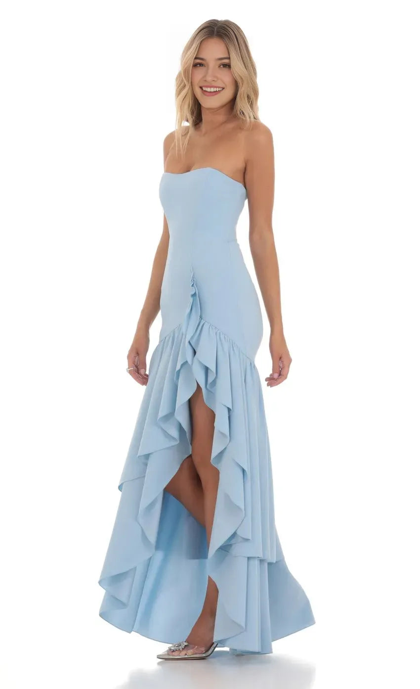 Light Blue Prom Dress with Ruffled Straps Plunging Neckline Mermaid Fit A Stylish Choice for Memorable Occasions