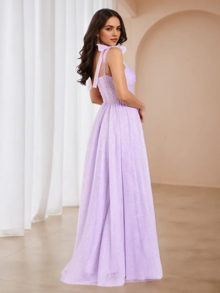 Lilac Glitter Prom Gown Bow Detailed Straps Sheer Bodice High Slit Perfect for Glamorous