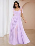 Lilac Glitter Prom Gown Bow Detailed Straps Sheer Bodice High Slit Perfect for Glamorous