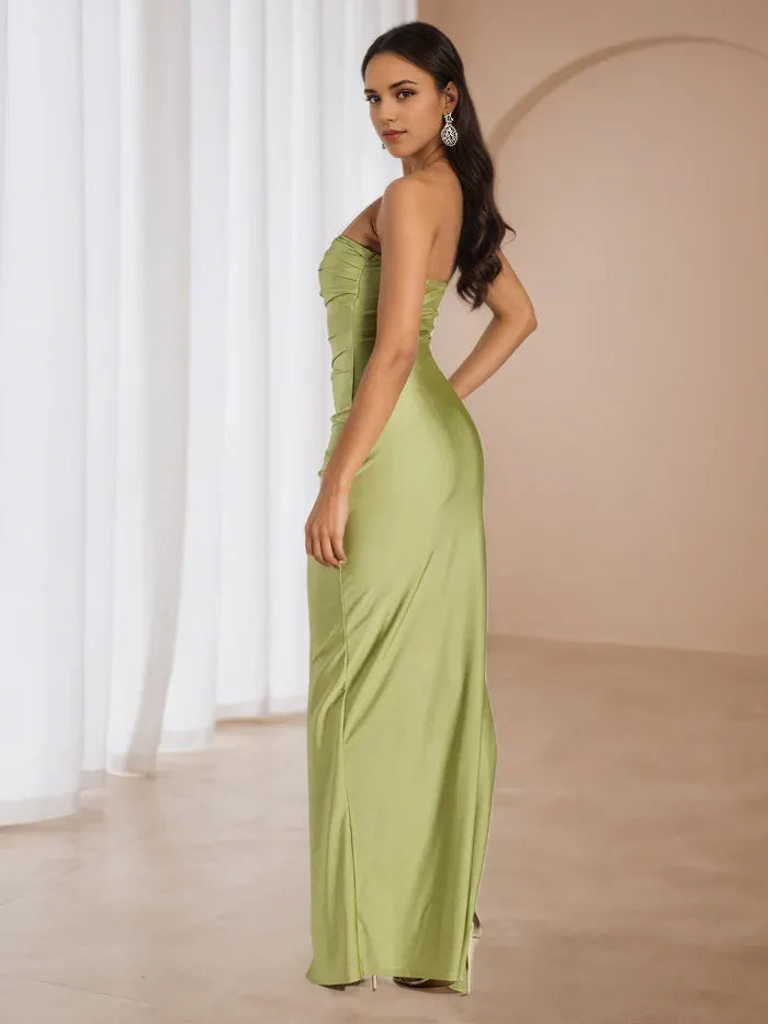 Green Lime Strapless Prom Dress Ruched Design Side Slit for Glamorous Prom Nights