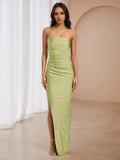 Green Lime Strapless Prom Dress Ruched Design Side Slit for Glamorous Prom Nights