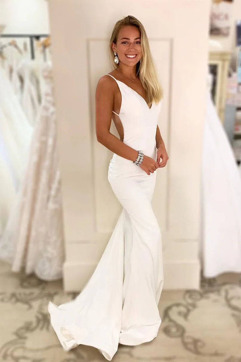 White Mermaid Asymmetrical Ruched Floor-Length Prom Dress