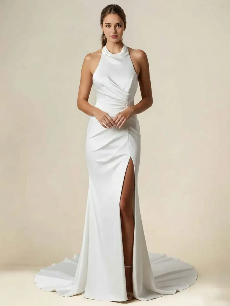 Mermaid Halter Neck Sleeveless Open Back Sweep Train High Split Wedding Dresses