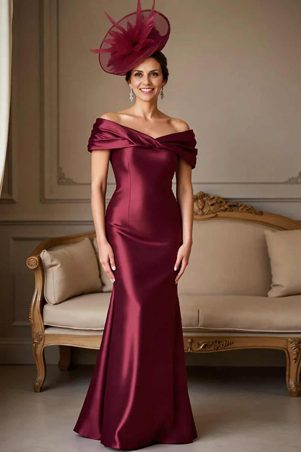 Timeless Elegant Burgundy Satin Mermaid Backless Floor-Length Mother of the Bride Dress