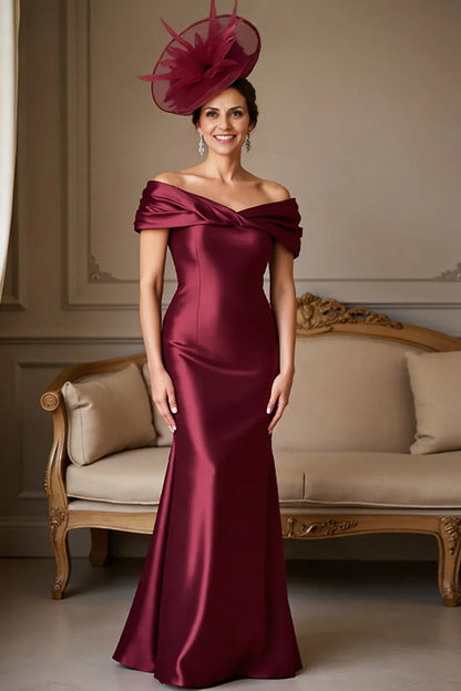 Timeless Elegant Burgundy Satin Mermaid Backless Floor-Length Mother of the Bride Dress
