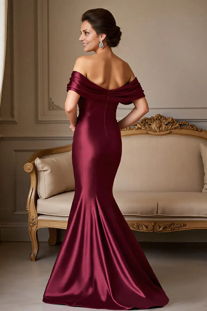 Timeless Elegant Burgundy Satin Mermaid Backless Floor-Length Mother of the Bride Dress