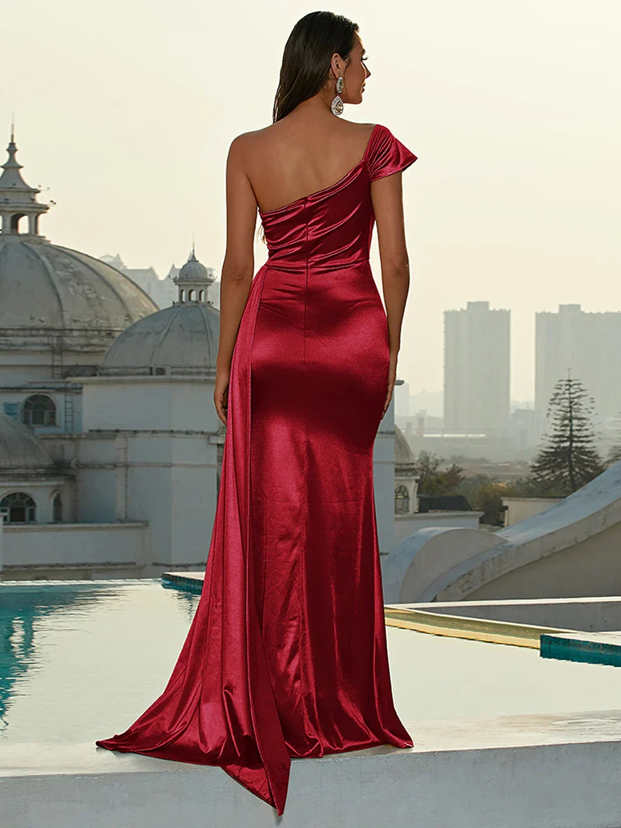 Sophisticated Graceful Stylish Refined Elegant Burgundy Satin Mermaid Sleeveless Floor-Length Prom Dress