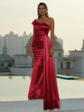 Sophisticated Graceful Stylish Refined Elegant Burgundy Satin Mermaid Sleeveless Floor-Length Prom Dress