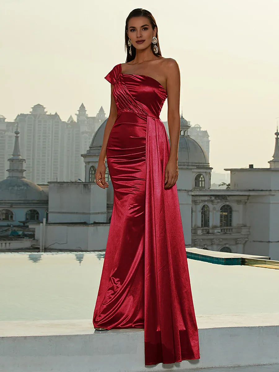 Sophisticated Graceful Stylish Refined Elegant Burgundy Satin Mermaid Sleeveless Floor-Length Prom Dress