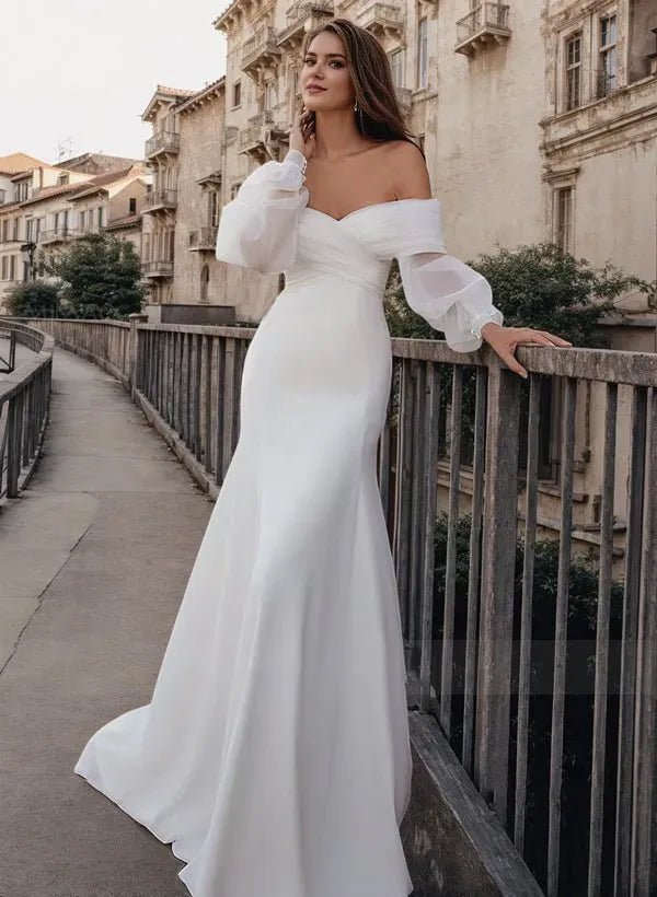 Mermaid Sweetheart Neck Cold-Shoulder Zipper Back Sweep Train Wedding Dresses