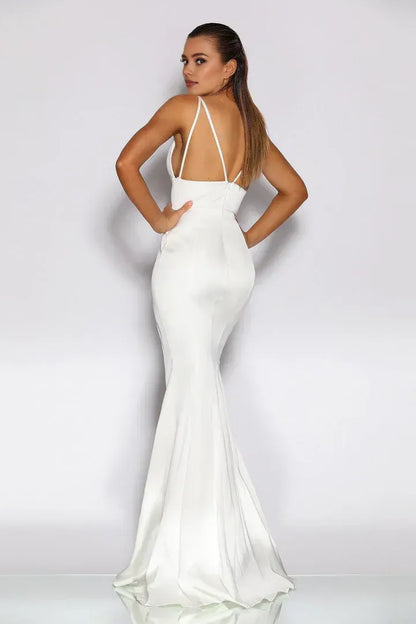 Beautiful Timeless Special Occasion Sophisticated Elegant White Satin Mermaid Sleeveless Prom Dress